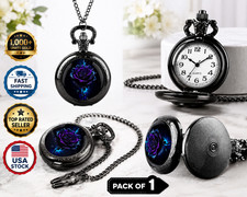 Purple Rose Quartz Pocket Watch Women Girls Black Chain Quartz Movement picture