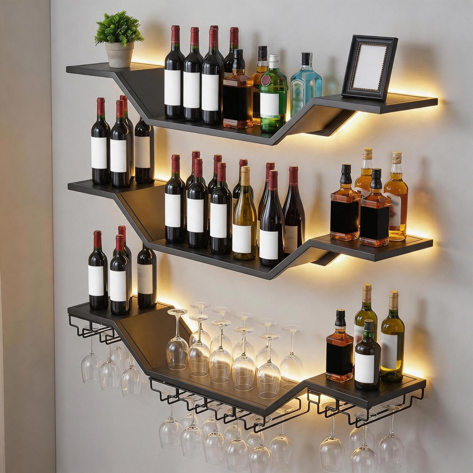 3-Tier Wall Mounted Wine Rack 39.4" Floating Bar Shelves w/ LED for Bar Cafe 3-Tier Wall Mounted Wine Rack 39.4" Floating Bar Shelves w/ LED for Bar Cafe