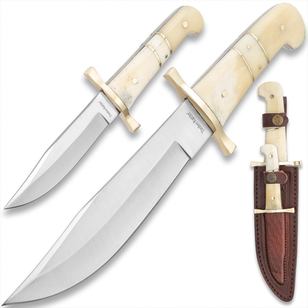 Timber Rattler 2-Piece Bowie Knife Set | Camel Bone Handles | 12" and 8" Overall