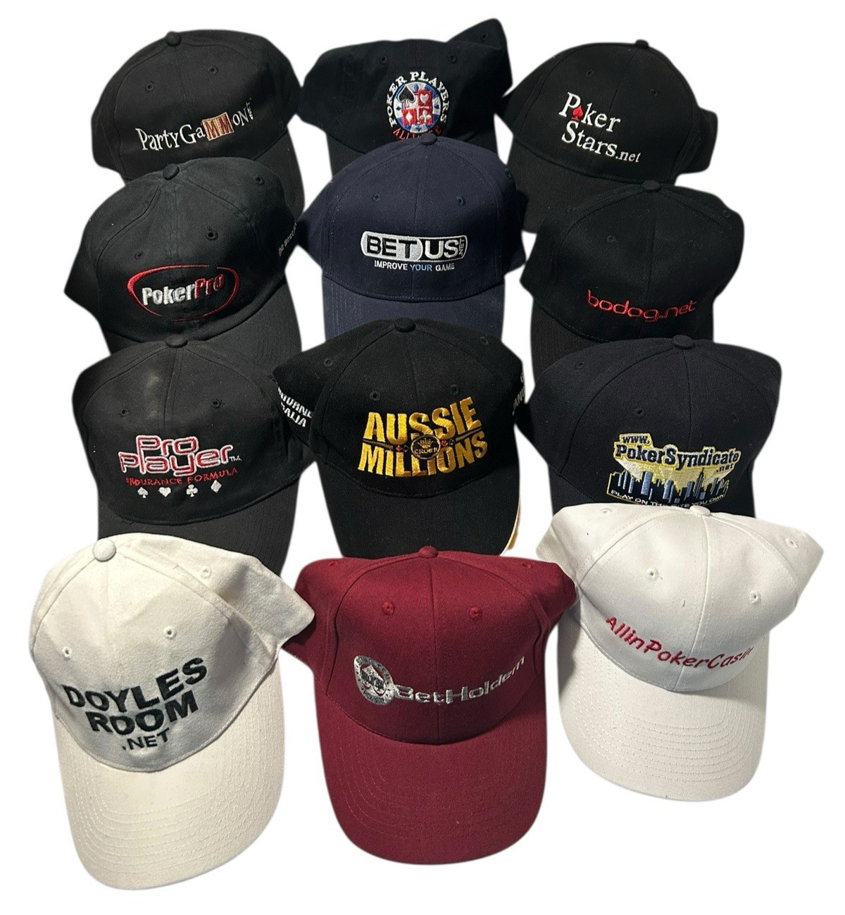 Lot of (12) Poker Casino Hats Assorted Brands Sites No Duplicates Doyle Stars