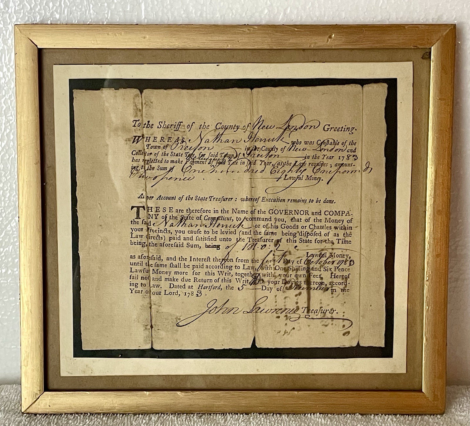 FRAMED SIGNED REVOLUTIONARY WAR 1783 MILITIA ORDER TAX PAYMENT FROM CONNECTICUT FRAMED SIGNED REVOLUTIONARY WAR 1783 MILITIA ORDER TAX PAYMENT FROM CONNECTICUT