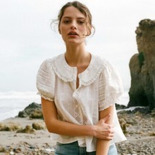 Doen Womens June Pleated Short Sleeves White Salt Cotton Blouse Tunic Top picture