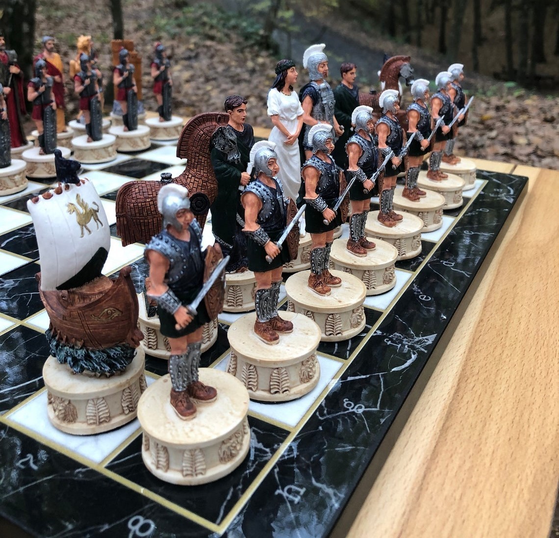 X-Large Handmade Trojan vs Sparta Chess Set with Marble Design Wooden Board 17" X-Large Handmade Trojan vs Sparta Chess Set with Marble Design Wooden Board 17"