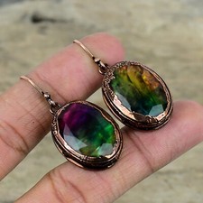 Ammolite Jewelry Copper Friend Gift Electroformed Drop/Dangle Earrings 1.85" picture