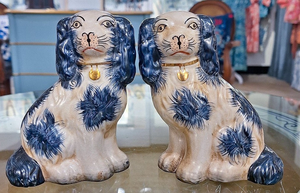 Pair: Blue, White Hand Painted Porcelain Reproduction Staffordshire Dogs-6”H Pair: Blue, White Hand Painted Porcelain Reproduction Staffordshire Dogs-6”H
