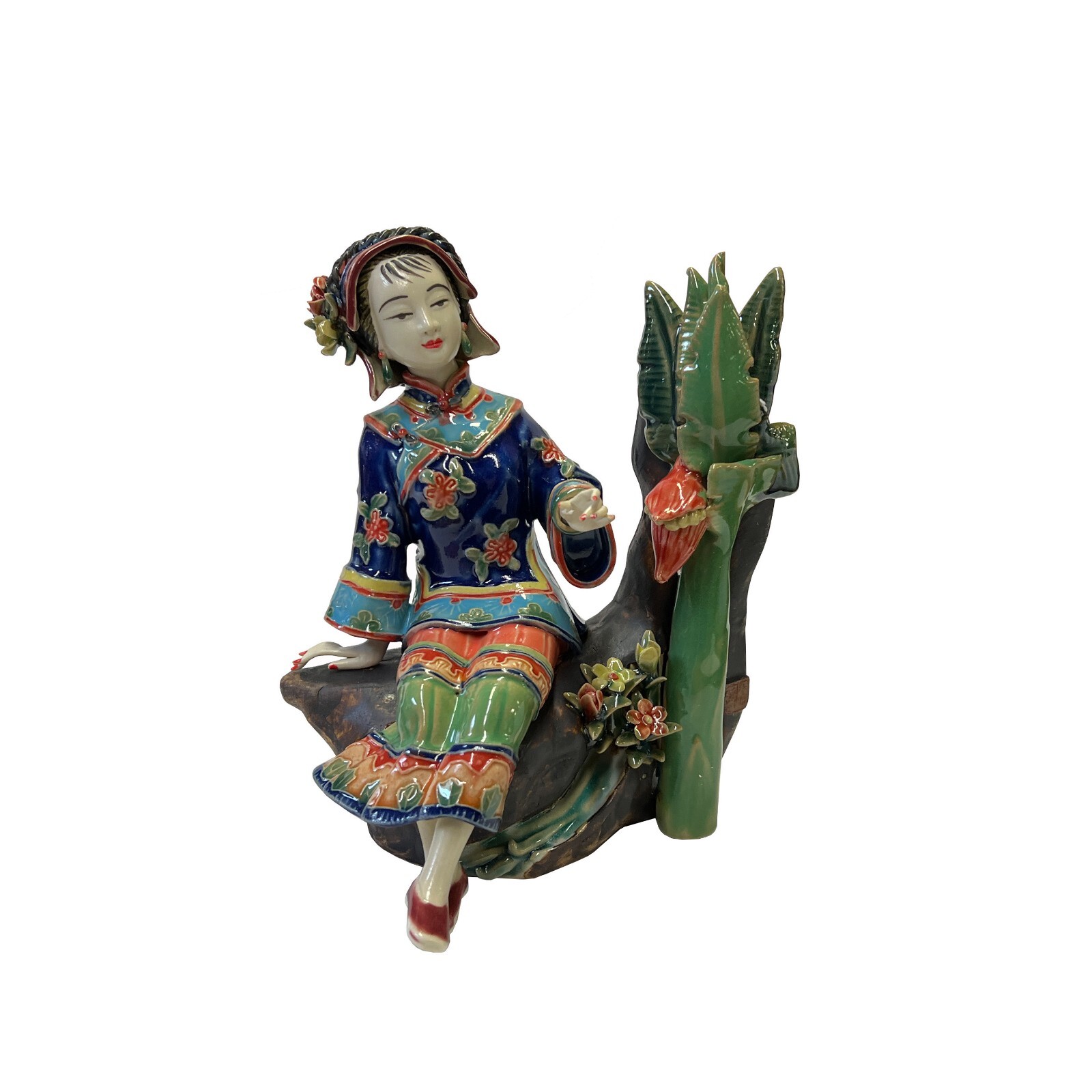 Chinese Oriental Porcelain Qing Style Dressing Banana Tree Lady Figure ws3072