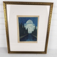 Vintage Golden-Toned Wooden Framed Taj Mahal Agra Art Print Signed 14" x 17" picture