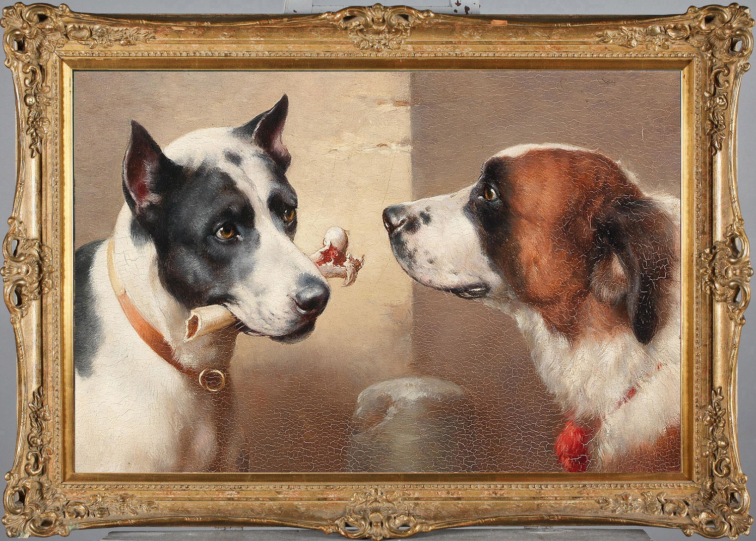 Hand Painted Classical Oil Painting Two Dogs with Bone Animal Art Vintage style Hand Painted Classical Oil Painting Two Dogs with Bone Animal Art Vintage style