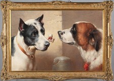 Hand Painted Classical Oil Painting Two Dogs with Bone Animal Art Vintage style picture