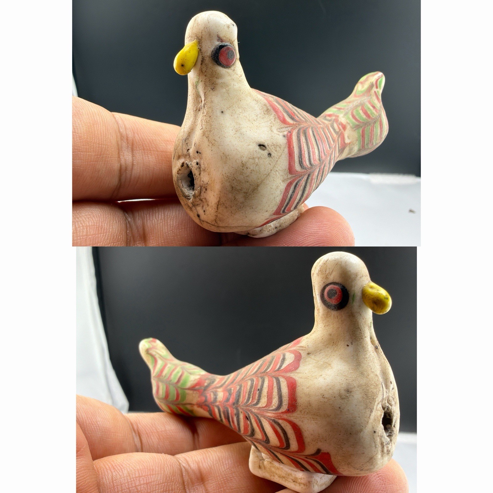 Roman  Old  Mosaic  Glass  Bird Vessel Whistle Folk Art Figurine