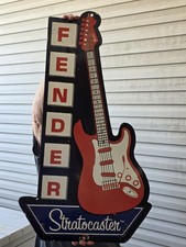 LARGE VINTAGE  FENDER STRATOCASTER PORCELAIN SIGN 30" NICE DEALER STORE SIGN. picture