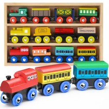Wooden Train Set 12 Pcs Magnetic Includes 3 Engines-Toy Train Sets for Kids picture