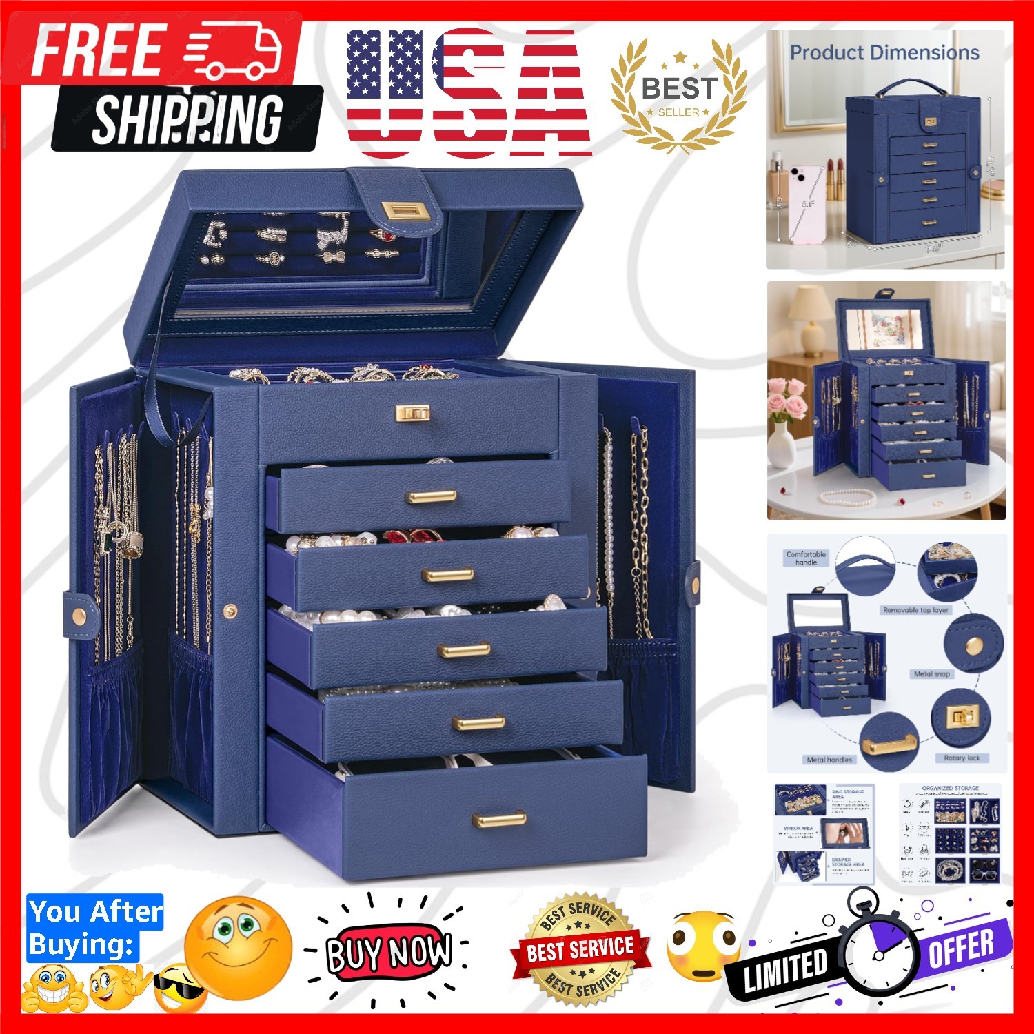 6-Tier Jewelry Box Organizer Functional 5 Drawers Leather Jewelry Storage Cas... 6-Tier Jewelry Box Organizer Functional 5 Drawers Leather Jewelry Storage Cas...