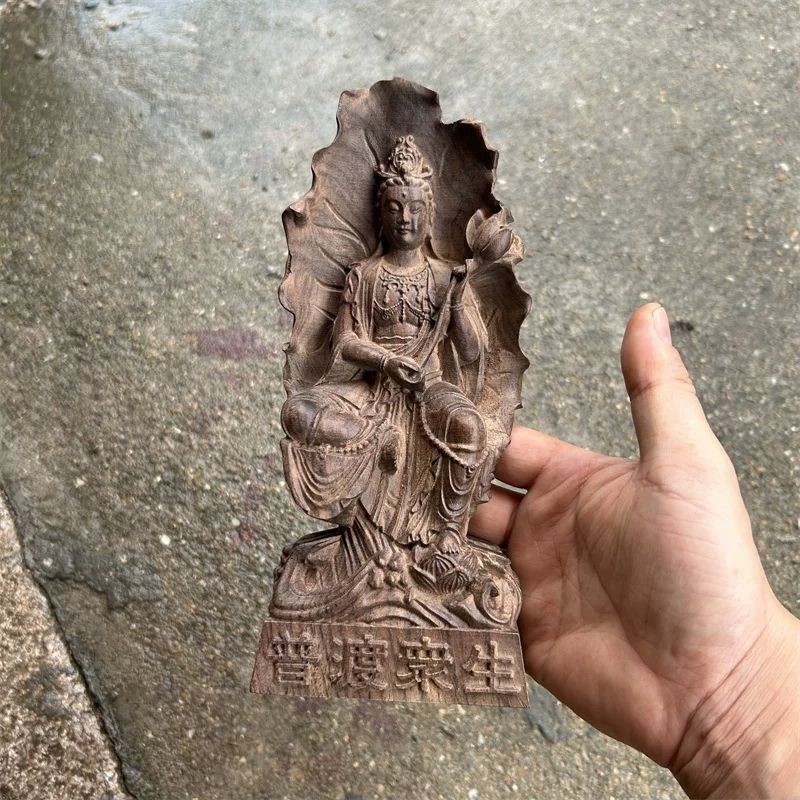 20cm Vietnamese Agarwood Carved Lotus Guanyin Statue Wooden Home Altar