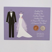 English Wedding Coins Penny for His Pocket Sixpence for Her Shoe Wedding Card TD picture