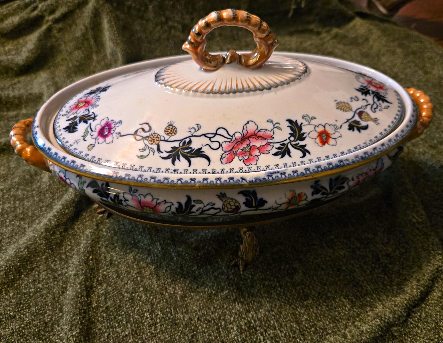 Antique Victorian Staffordshire Tureen Floral Lid Metal Stand Pat 1842