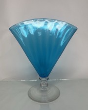 ANTIQUE! Stueben Carder Celeste Blue Ribbed Optic Glass Fan Vase w Clear Stem picture