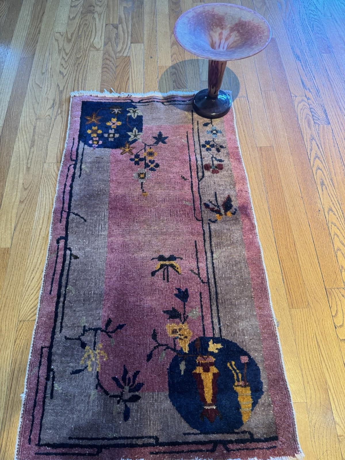 Gorgeous Antique Chinese Art Deco Rug C.1910 Rare Pink Hue 46” X 25” Gorgeous Antique Chinese Art Deco Rug C.1910 Rare Pink Hue 46” X 25”