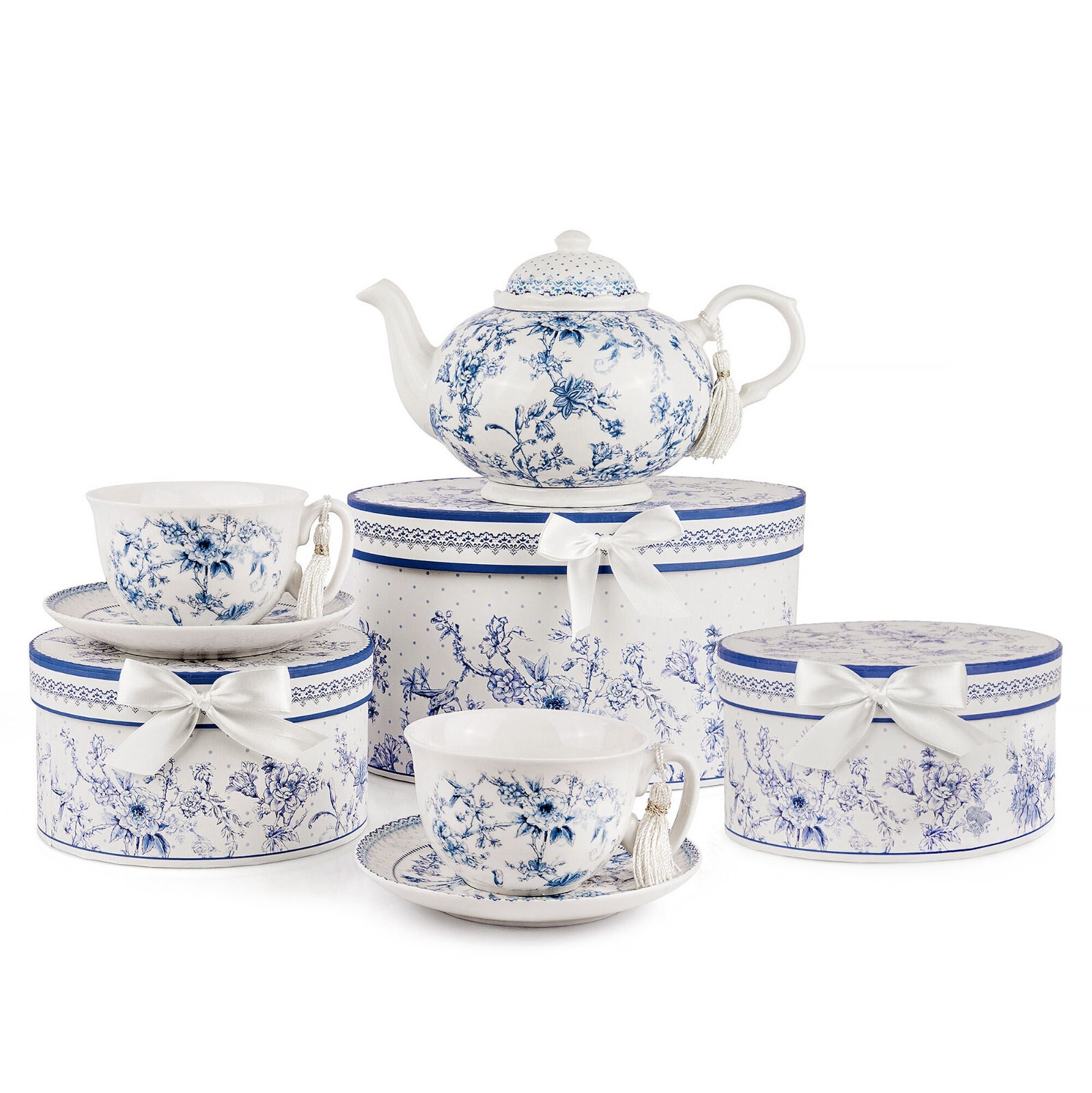 STPGOODS Blue Flowers Bone China Teapot and Teacup Set for 2 Persons Tea Set STPGOODS Blue Flowers Bone China Teapot and Teacup Set for 2 Persons Tea Set