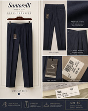 Santorelli Men's 40 Midnight Blue 100% Wool Double Pleat Dress Pants NWT Italy picture