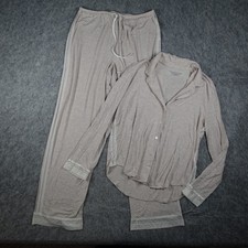 Victoria Secret Pajama Set Women Medium Short Tan Modal Lace Button Top Pants picture