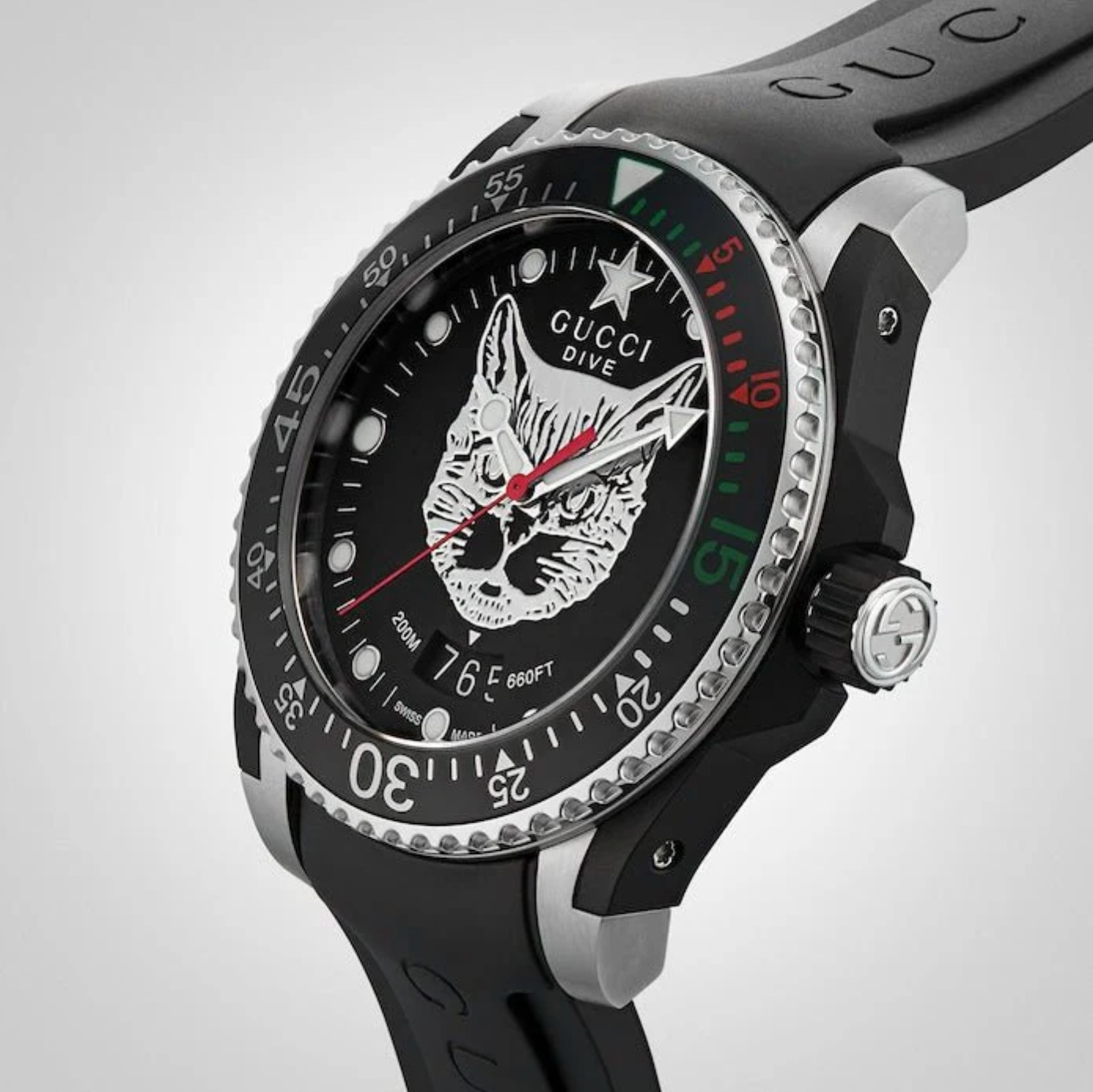 Gucci Dive Mystic Cat Black Rubber Strap Watch YA136320