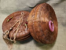 Vintage Pair Of Woven And Lidded Medium Brown Baskets w/Pull Handles, Folk Style picture