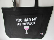 Bow & Drape You Had Me At Merlot Wine Tote Book Bag Black White Sequins   picture