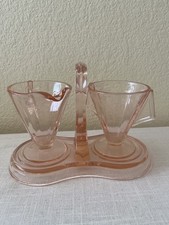 Deco Pink Depression Glass Creamer Sugar Set w/ Caddy Westmoreland Glass Co picture