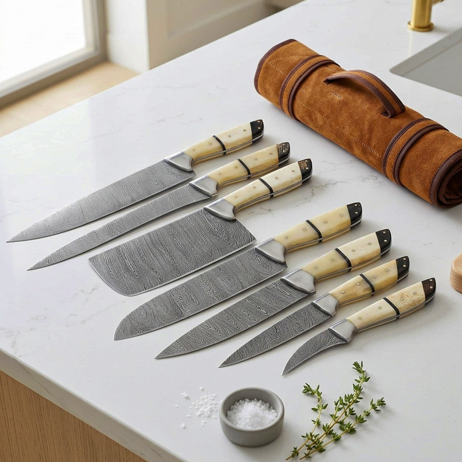 Hand Forged Damascus Steel Professional Kitchen Knives 7pc Set with Leather Bag Hand Forged Damascus Steel Professional Kitchen Knives 7pc Set with Leather Bag