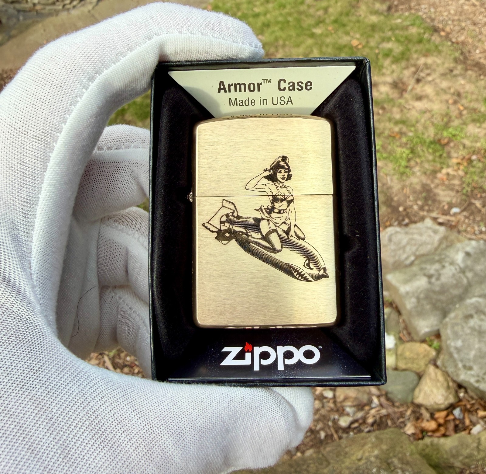 WWII Pinup Girl on Bomb Engraved Brass Armor Zippo Lighter – Made in USA WWII Pinup Girl on Bomb Engraved Brass Armor Zippo Lighter – Made in USA