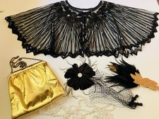 1920’s Look Sequin Shoulder Wrap, Gold Clasp Handbag, Feather Band & Flower Acc. picture