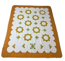 Vintage Sunflower Unique Hand Stitched Quilt Cheddar Sage 63x78” Cottage  picture