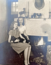1940 Vintage Estate Family Photo Portrait with Black Cat Dog Pet Fireplace picture