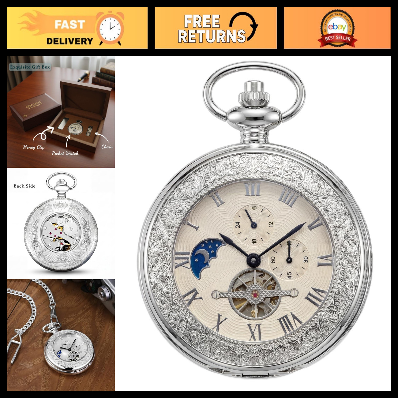 Antique Silver Mechanical Pocket Watch for Men, Vintage Wind Up with Chain