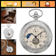 Antique Silver Mechanical Pocket Watch for Men, Vintage Wind Up with Chain picture