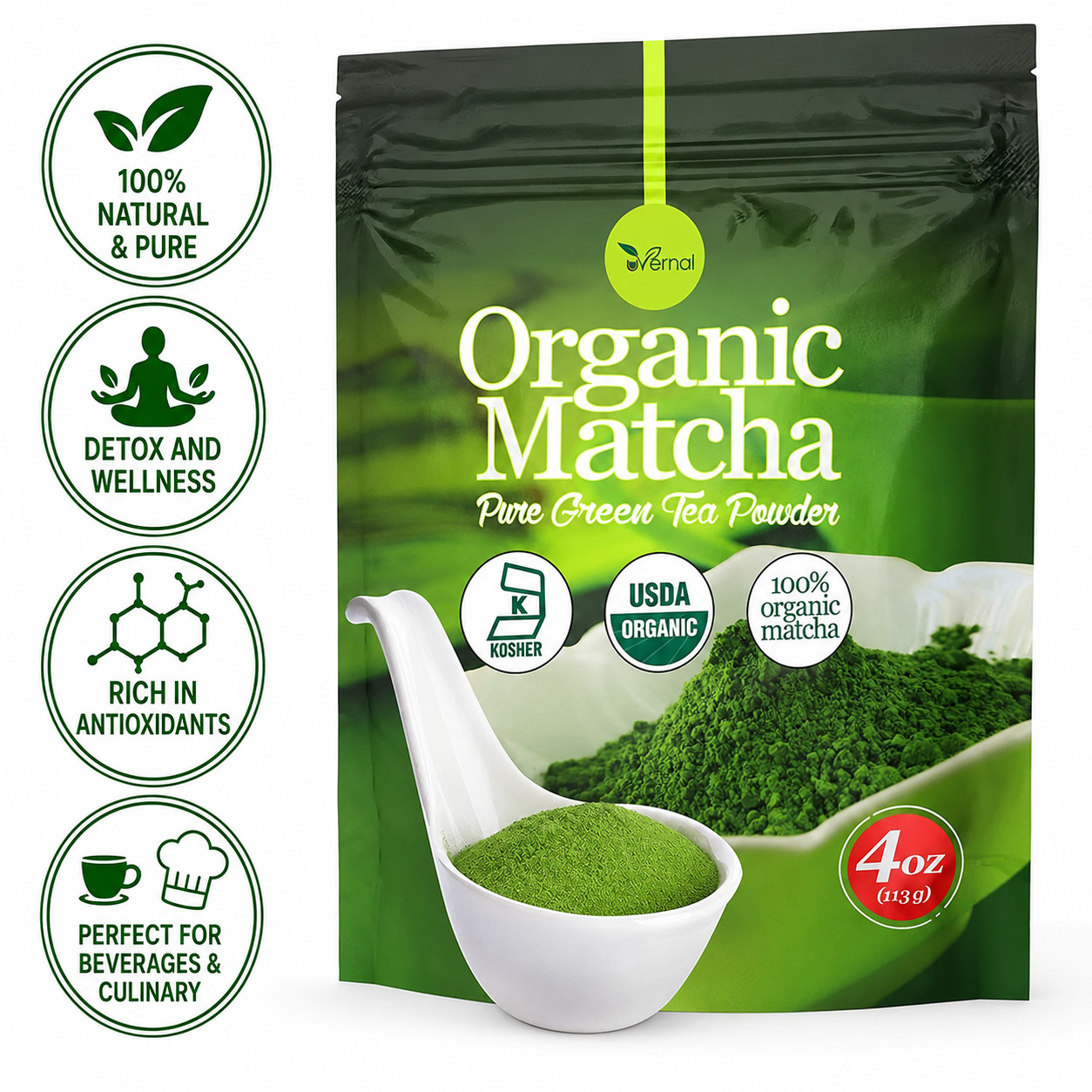 Matcha Green Tea Powder 4oz Organic 100% Pure Culinary Grade For Latte & Baking