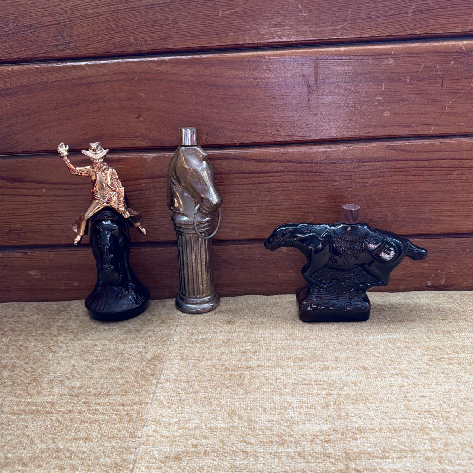 Avon Aftershave Horse Hitching Post & cowboy riding bronco And Race Horse 3 Pc Avon Aftershave Horse Hitching Post & cowboy riding bronco And Race Horse 3 Pc