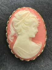 Vtg CAMEO brooch Classic Oval Pin Estate Voctorian Peach Romantic Classic 2" picture