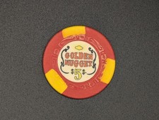 Golden Nugget (Downtown LV), $5 Casino Chip w/ yellow nugget, used, excellent picture