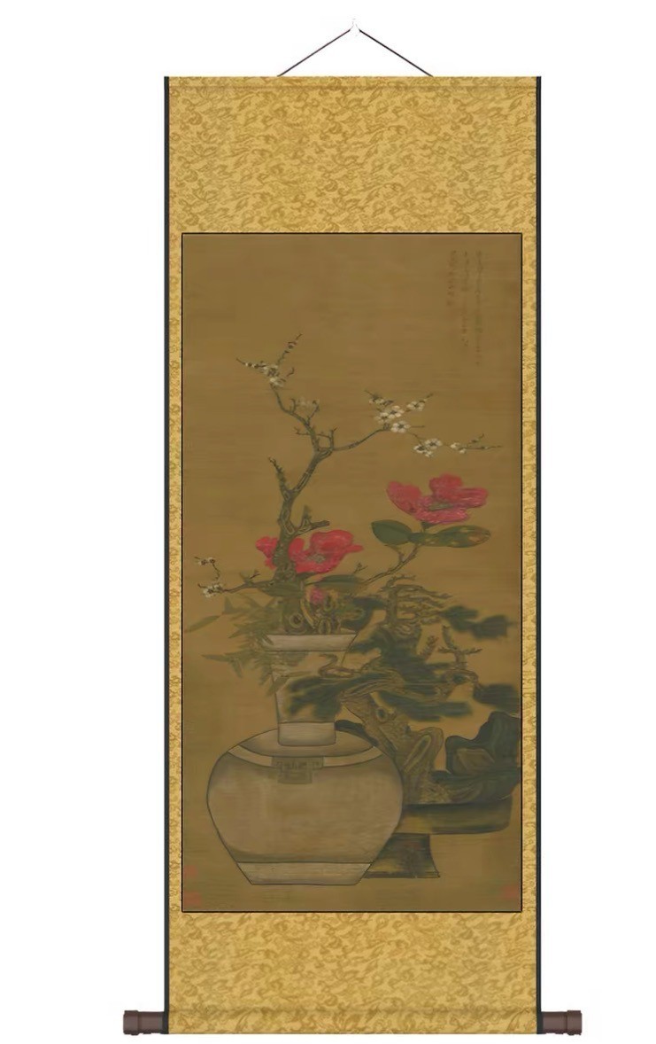 Vintage Chinese Hanging Scroll Scholar's Garden Bonsai Blossom Painting 55x150cm