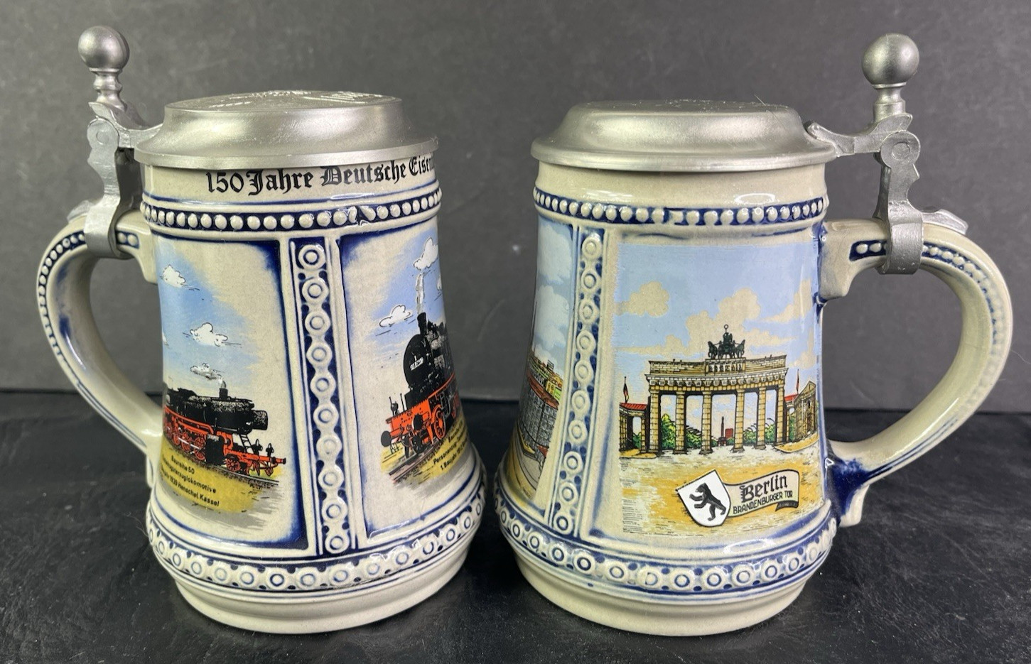 Two 2 Vtg German GERZ Beer Steins Pewter Lids Made In West Germany Train Berlin