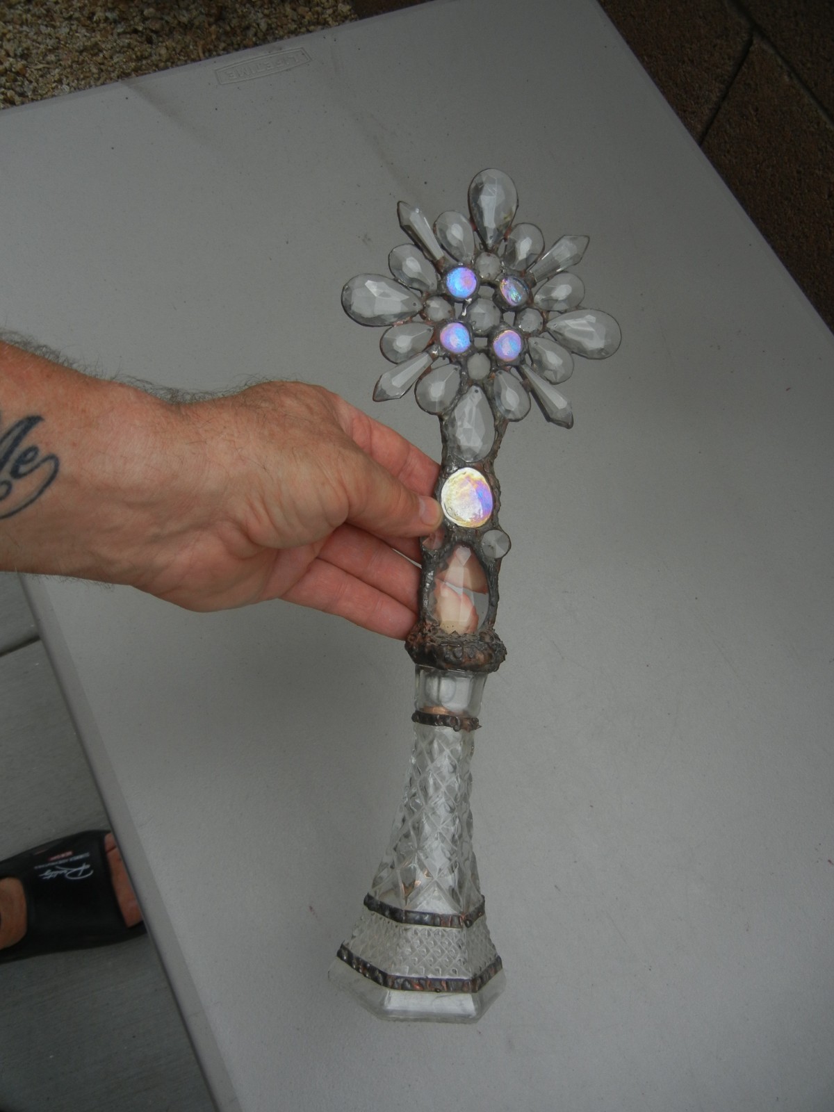 Decorative handmade antique cross Crystal Re-Purposed Antique Glass Bottle - 15" Decorative handmade antique cross Crystal Re-Purposed Antique Glass Bottle - 15"