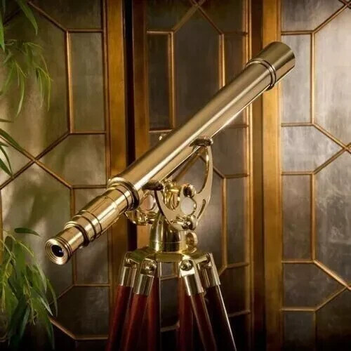 Antique Nautical Floor Standing Brass 39 Inch Telescope With Wooden Tripod Stand Antique Nautical Floor Standing Brass 39 Inch Telescope With Wooden Tripod Stand