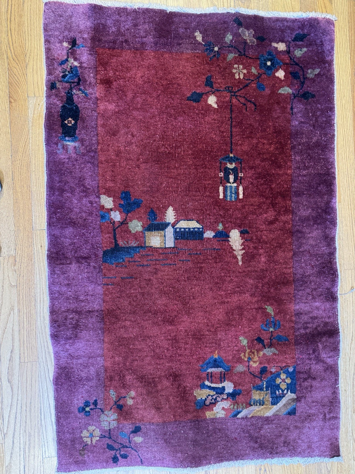 Antique Handmade Chinese Art Deco Rug Circa 1920 Charming Village Scene 5x3’2 Antique Handmade Chinese Art Deco Rug Circa 1920 Charming Village Scene 5x3’2