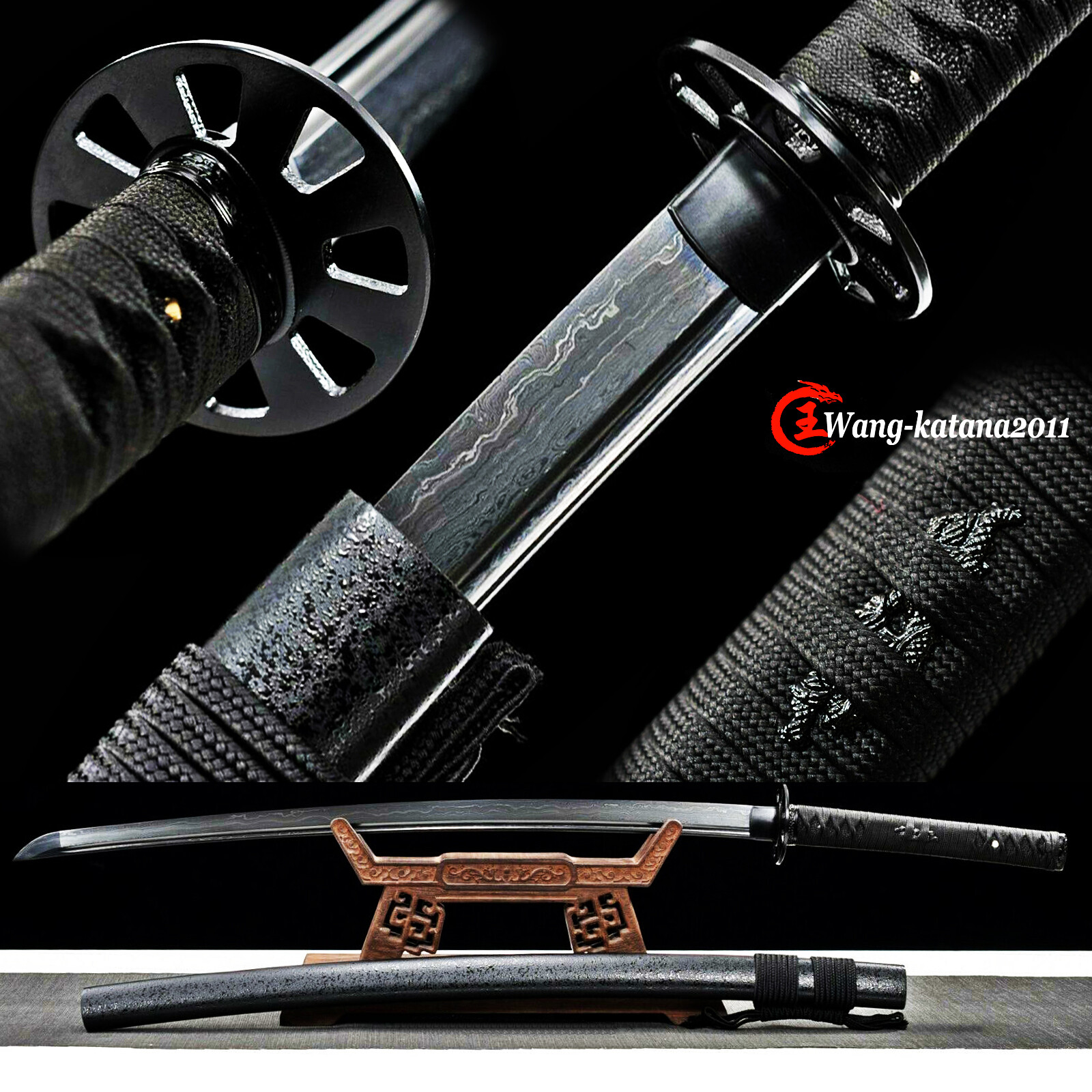 All Black Sharp Full Tang Japanese Samurai Katana Sword Damascus Folded Steel All Black Sharp Full Tang Japanese Samurai Katana Sword Damascus Folded Steel