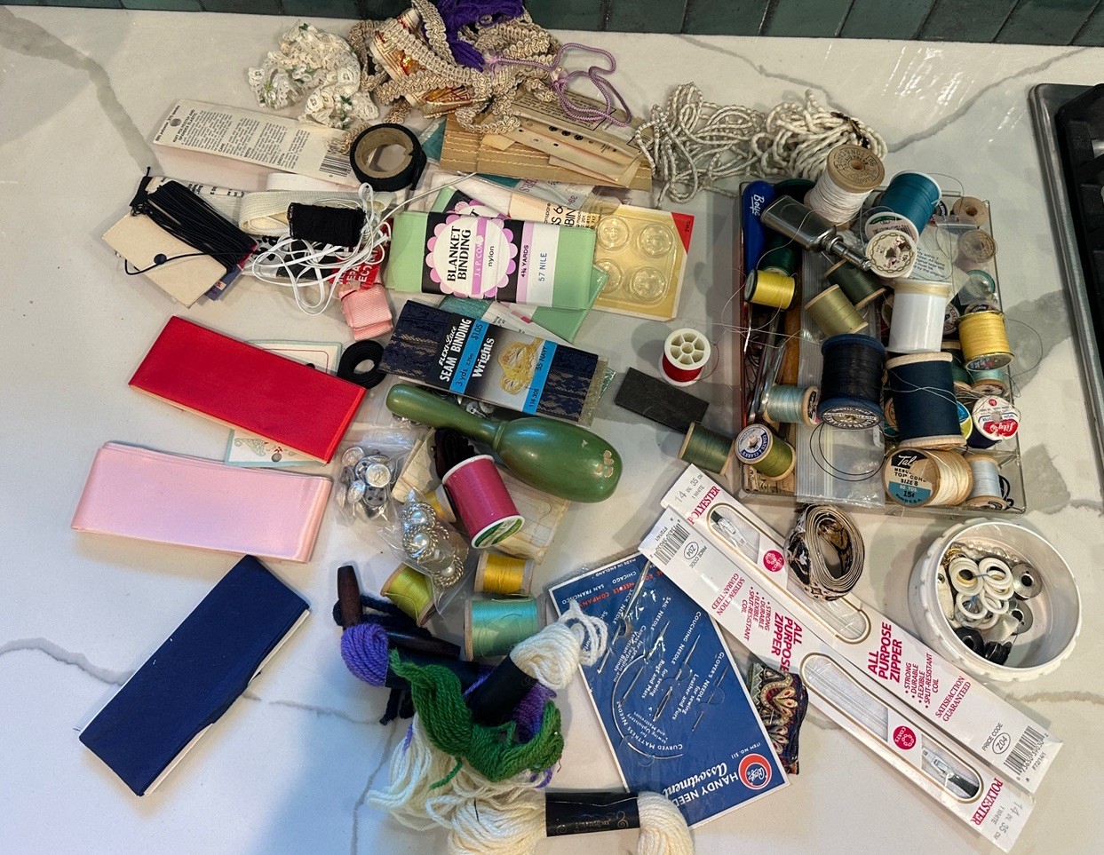 Large Lot Of Sewing, Tread, ribbon, Needles, Zippers, Buttons, And Etc