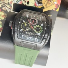 Ed Hardy Mens Watch Tourneau Shaped Case Military Green Sports Straps New In Box picture