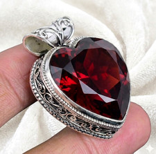 Mozambique Garnet Heart Gemstone Handmade 925 Sterling Silver Jewelry Pendant 2" picture