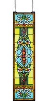 Yogoart Large 35 Inch Blue Victorian Stained Glass Window Panels Hanging Transom picture